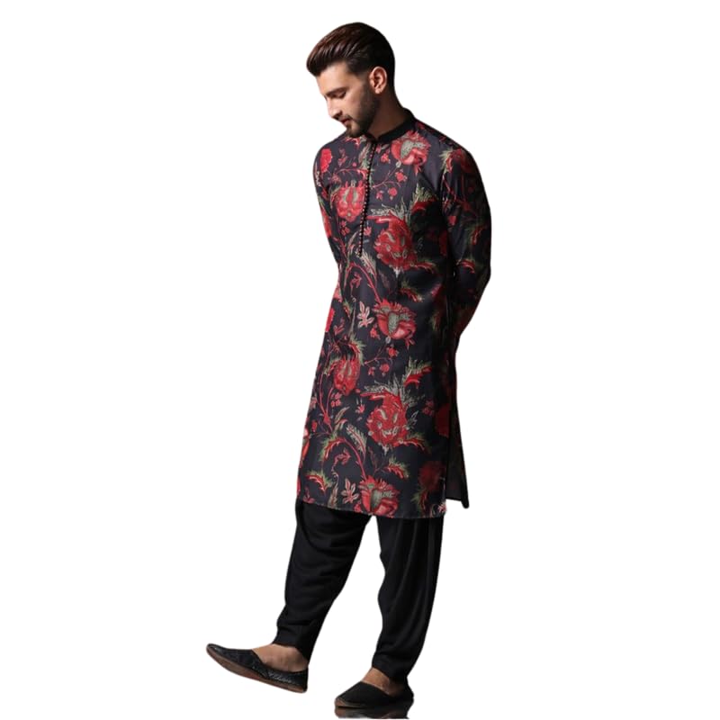 Kisah Men's Kurta Patiala Set, Black Cotton Blend, Ethnic Motifs Mandarin Collar Regular Fit Long Sleeves (L)