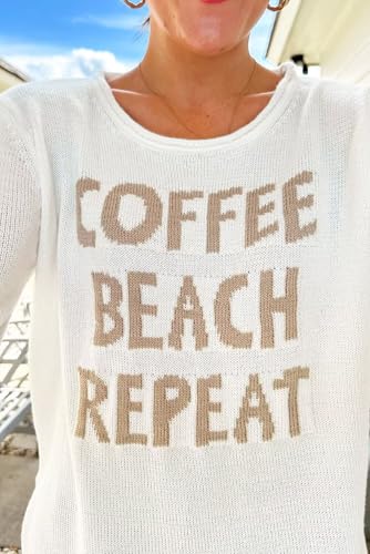 Women's Letter Print Sweater Casual Crewneck Coffee Beach Graphic Loose Knitted Pullover Tops3