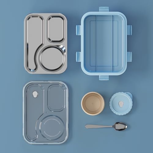 Image of 3-Compartment Stainless Steel Lunch Box, Leak-Proof & BPA-Free Bento Box, Eco-Friendly, Durable Meal Prep Container for Kids & Adults, Ideal for School, Office, College, Travel (Sky Blue)
