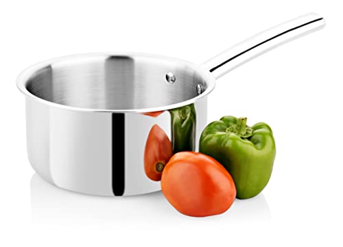 Image of Bhalaria Triply Stainless Steel Sauce Pan 15cm 1.25Litre | Induction Base Heavy Gauge 3 Layer Body | Milk Boiler & Tea Pan with Handle | Food Grade Steel | Gas Compatible | Dishwasher Safe