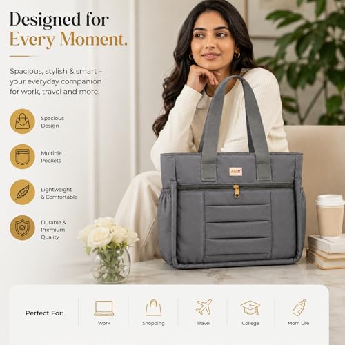 Image of LX LEKHX Tote Bag for Women | Lightweight Shoulder Handbag with 2 Main Zip Compartments & Multiple Pockets | Water Resistant Polyester Fabric | Office, Travel & Daily Use