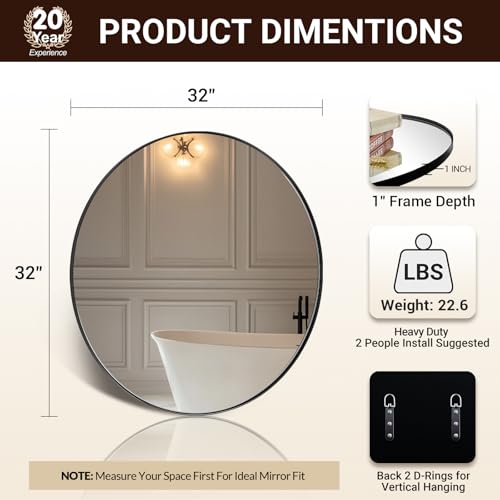 Image of ANDY STAR Round Bathroom Mirror, Round Black Mirror 32 inch, Matte Black Circle Mirror with Anti-Rust Stainless Steel Metal Frame, Modern Vanity Mirror Wall Mount, Easy to Install