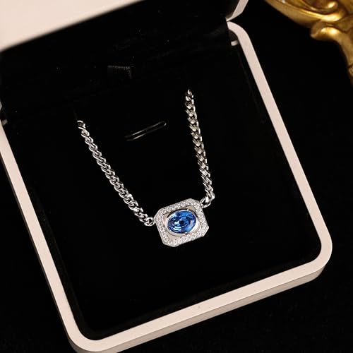 Cuban Chain Necklace for Women, Blue Gemstone Necklace with Moissanite Halo, 18K White Gold Plated Sterling Silver, Women's Jewelry, Anniversary Birthday Gifts for Her3