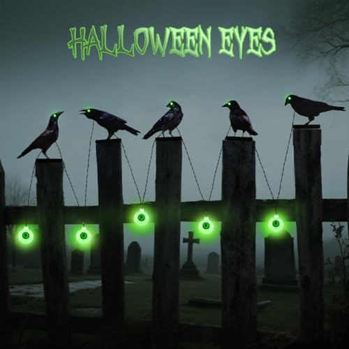 Halloween Outdoor Decor Metal Crow and Eyeball Solar Powered Lights Gothic Yard String Lights Mini Garden Ornaments Fence Toppers Halloween Party and Home Decor (Set of 5)