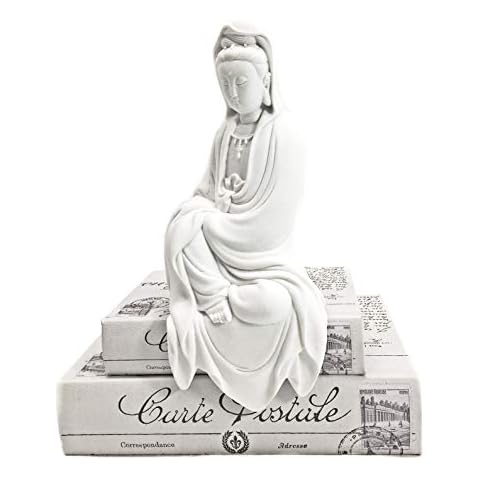 Bellaa 22654 Kwan Yin Statue Lady Buddha Kuan Guanyin Göttin der Barmherzigkeit Quanyin Skulptur Figur sitzend meditierend Segen Premium Kaltguss Weiß Marmor Pulver Boho Zen Home Decor 27,9 cm Cover