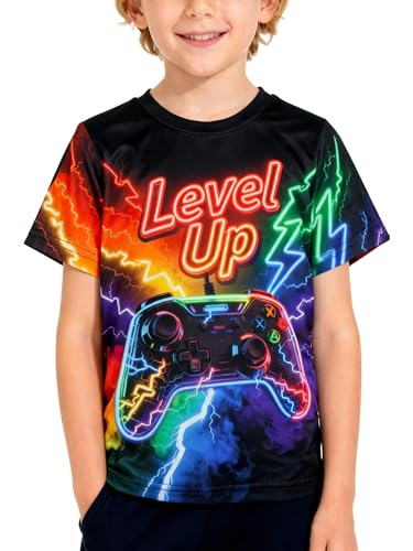 Game Lovers T-Shirt Colorful 3-14 Years,Short Sleeve Game Shirts for Boys Level Up Digital Graphic Tees Neon Party Outfit (US, Age, 9 Years, 10 Years, Colored Lightning)