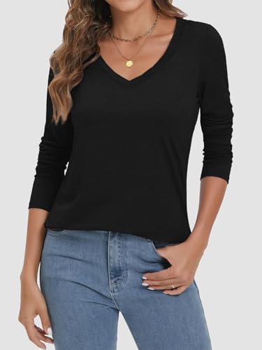 ATHMILE Womens 2025 Fall Long Sleeve Shirts Basic Apparel Shirts Trendy V Neck Tshirt for Women Curved Hem Tops3