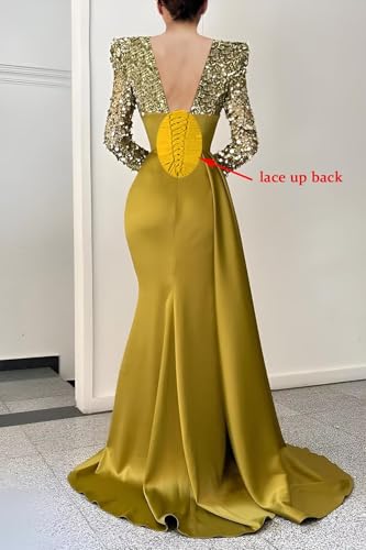 Sequin Mermaid Prom Dresses 2024 Long Sleeve Satin Sparkly V-Neck Evening Formal Wedding Party Gown with Slit4