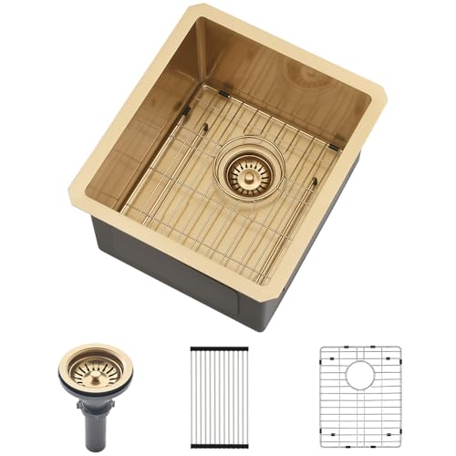 13 Inch Gold Bar Sink Undermount-VASOYO 13x15 Inch Undermount Bar Sink Gold Small Rv Kitchen Sinks Outdoor Island Sinks 16 Gauge Stainless Steel Single Bowl Basin with Bottom Grid