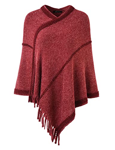 Ferand Poncho con flecos para mujer, suéter poncho de punto suave con bordes de moda y flecos, ligero y cálido, granate, L - XL Cover