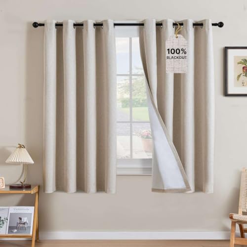 Image of H.VERSAILTEX Linen Curtains 100% Blackout Curtains for Bedroom 63 inch Long Full Light Blocking Nature Linen Blended Window Curtains for Living Room Nickel Grommet (2 Panels, Heathered Natural)
