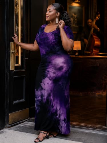 Image of SUZONANA Plus Size Maxi Dress for Curvy Women Summer Casual Sundress Short Sleeve Loose Vacation Dress