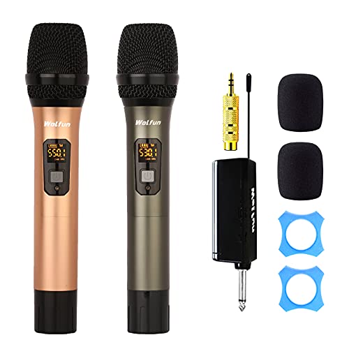 Wireless Microphone, UHF Dual Metal Handheld Dynamic Mic System with Rechargeable Receiver, 164ft Range, for Karaoke,Party, Speech, Wedding, Meeting, PA System(Gold and Gray)