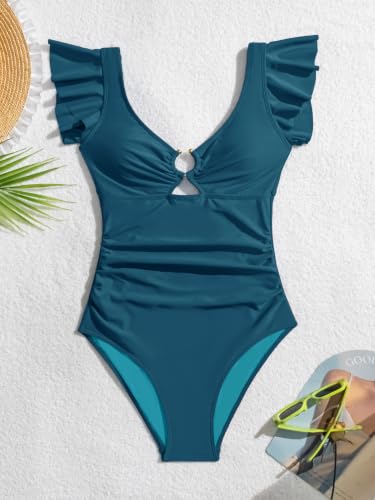 Image of Eomenie Womens Ruffled One Piece Swimsuit Slimming Tummy Control Bathing Suit V-Neck Cutout Swimwear for Resort Wear