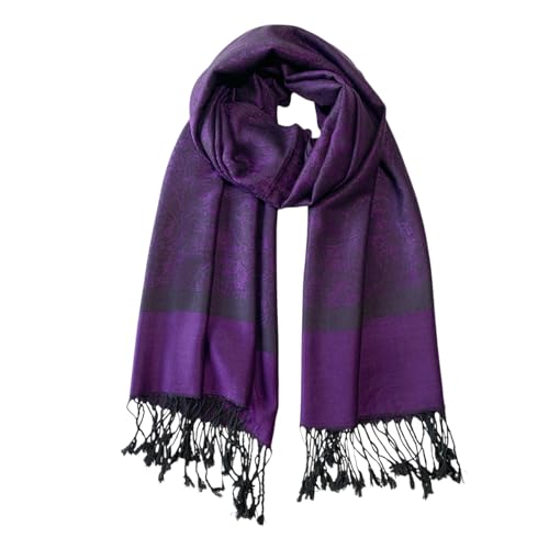 Wendyfull Pashmina Shawls and Wraps w/Fringe Two Tone Vintage Jacquard Paisley Rave Scarf for Weddings Festival (Purple)