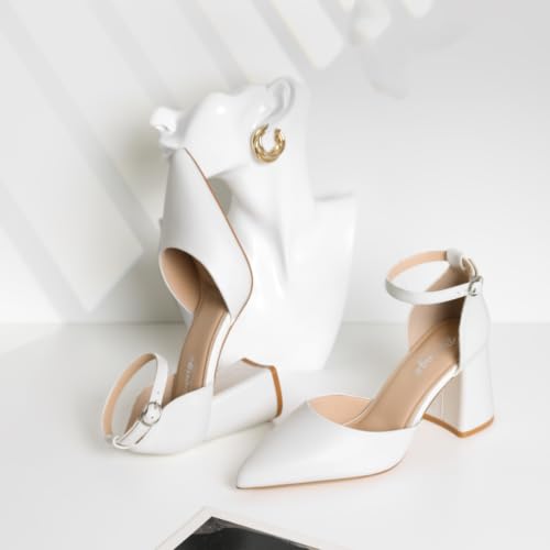 Image of RIBONGZ Block Heels for Women Closed Pointed Toe Heeled Slingback Chunky High Heel Ankle Strap Pumps Patent Leather Comfort Dressy Shoes for Work Party Prom Wedding Bridal Dress