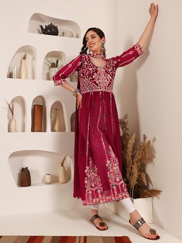 Image of EthnicJunction Women's Georgette Embroidered and Sequence Work Naira Cut Kurta and Dupatta Set