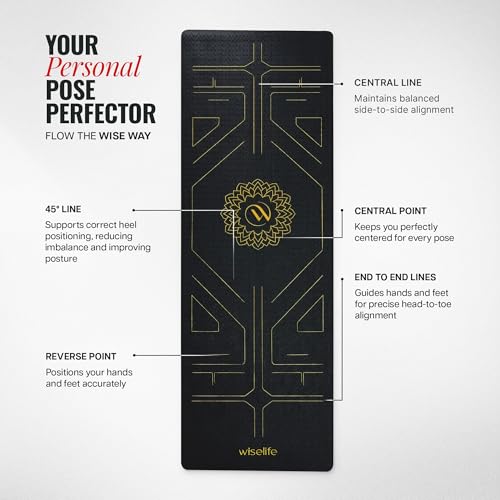 Image of Wiselife True Alignment Yoga Mat + Sleek Yoga Strap For Men And Women | Probalance Eco-TPE Material 6MM | Extra Thick Extra Long Extra Wide | Charcoal Black