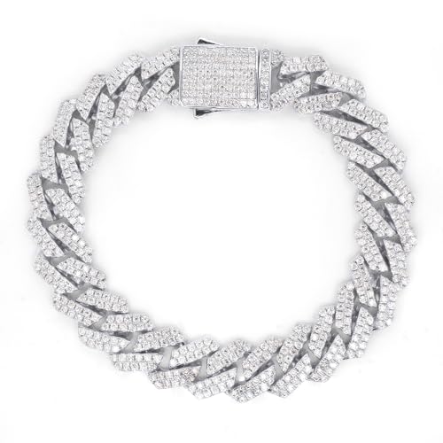 SAVEARTH DIAMONDS Round Cut Lab Created Moissanite Diamond 12MM Width Cuban Chain Bracelet In 14k White Gold Over Sterling Silver Jewelry For Men (G-H Color, VVS1 Clarity, 8.00 Ct) 7.5" Long