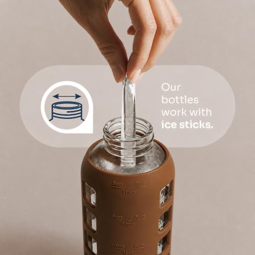 Image of purifyou 40oz / 32oz / 22oz / 12oz Borosilicate Glass Water Bottle with Time & Volume Markers, Silicone Sleeve, Stainless Steel Lid | Reusable Glass Bottle for Water & Juice (22oz Earth Brown)