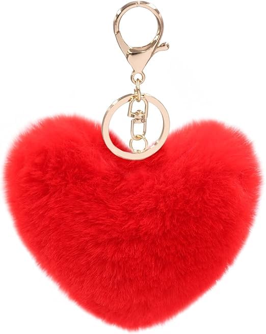 Love Heart Faux Fur Pom Pom Key Chains Bag Accessory Fluffy Puffball Keyring Backpack Charms for Women Girls