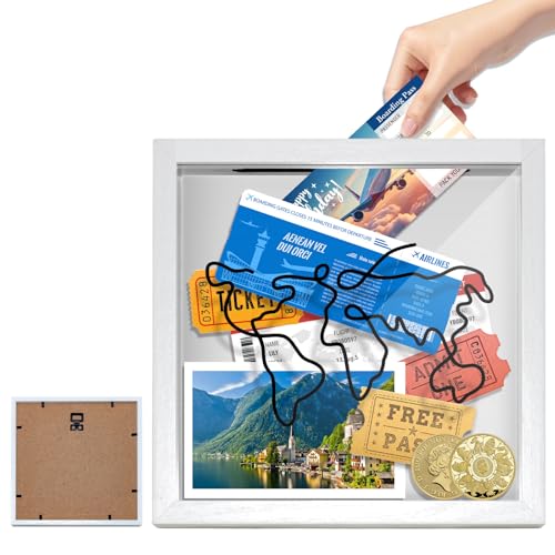 Reise Abenteuer Archivbox, 20 x 20cm Sammelbox Für Erinnerungen mit Schlitz, Ticket Memory Box Holzrahmen Reise Sammelbox, Weiß Schattenbox Bilderrahmen für Reisetickets, Souvenirs, Konzertkarten