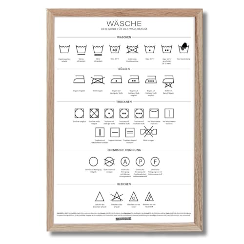 Listenwissen Impresión artística guía de lavado, DIN A4, lavandería, símbolos de lavado, cartel de laundry, decoración, cuidado de la ropa, lavadora, cartel de lavado (póster con marco natural)