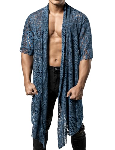 JOGAL Mens Mesh Fishnet See Through Cardigan Ruffle Shawl Collar Open Front Top Blue Large