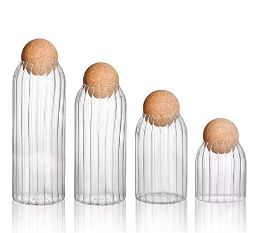 Eidoct Lot de 4 bocaux en verre avec couvercle en bois hermétique différentes tailles de bocaux en verre transparent boîtes de conservation des aliments bocaux à bonbons transparents (style nervuré)