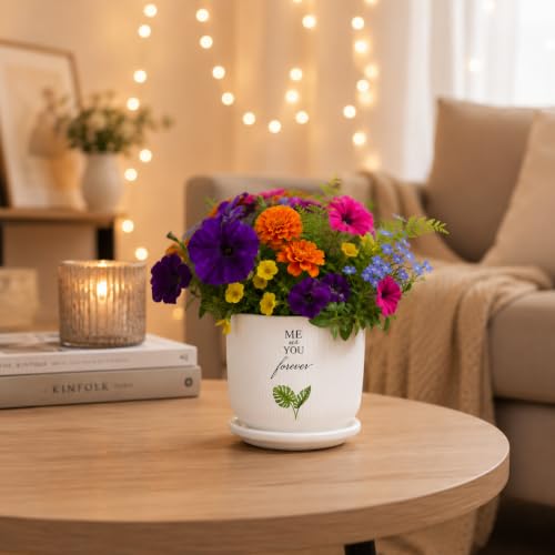 Image of Xtore Signature Ceramic Planter with Drainage Tray | Botanical Quote Print Flower Pot for Home, Study Table, Office Desk & Living Room Decor - (White, 1 Piece, Planter ONLY)