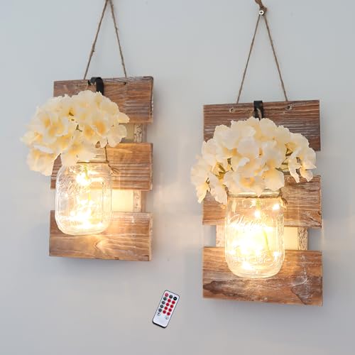 Besuerte Mason Jar Wall Sconces, Rustic Brown Wall Hanging Decor, LED Fairy Lights with Automatic On and Off 6-Hour Timer (Set of 2),Brown