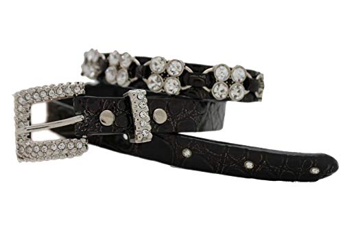 TFJ Women Western Skinny Fashion Belt Hip Silver Metal Bling Buckle Rhinestones Brown Color