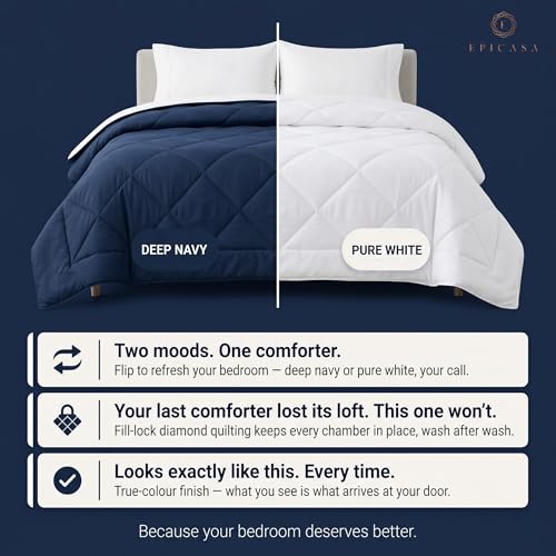 Image of Epicasa Reversible Comforter | 200 GSM Thermal Bonded Fill | 110 GSM Micro Peach Fabric | All Season AC Quilt | Diamond Quilted | Lightweight Duvet Blanket for Home Bedroom | Navy Blue & Pure White