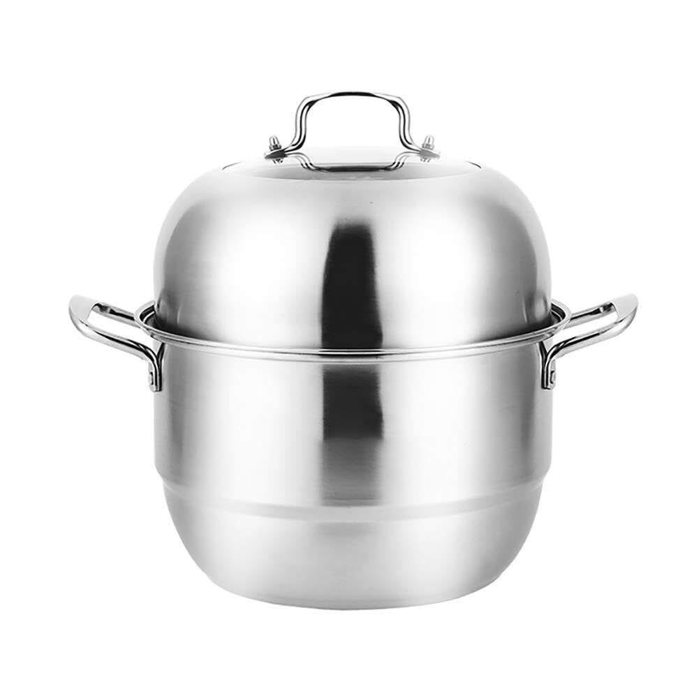 GTHTUHFD 2-Tier Stainless Steel Steamer Pot With Glass Lid, Mirror Polished Finish, Riveted Handles, Induction Compatible,28Cm,28Cm (Size_Name 32Cm),size_name-32cm