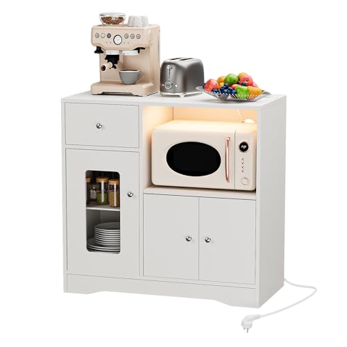 Saitedudu Armario de cocina con estante para microondas, armario de cocina con encimera con enchufe 2 AC 2 USB, aparador cocina con 1 cajones, armario de almacenamiento con luz para comedor 83 x 40 x
