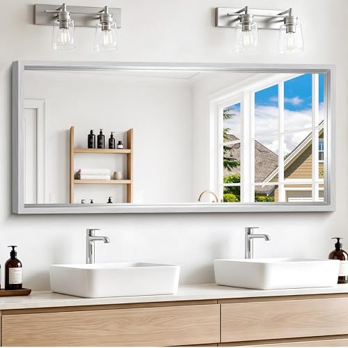 Image of 60 x 28 inch Brushed Silver Bathroom Mirror, Metal Framed Large Rectangle Mirror, 0.6 inch Thickened Deep Frame Mirrors for Living Room Bedroom, Tempered Glass, Antirust, Horizontal or Vertical
