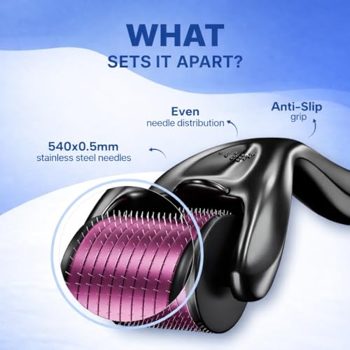 Image of Derma Roller 0.5mm with Sanitizer for Hair Regrowth | Titanium Coated 540 Stainless Steel Needles | 540 Micro needling Roller | Derma Roller with Disinfectant Spray | Reusable derma pen for Skin Repair, Face, Hair & Beard Growth | Reduces Acne Scars | Safe & Effective To Use