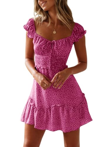 Image of Valphsio Womens Smocked Dress Ruffle Floral Tie Front Boho Short Dresses
