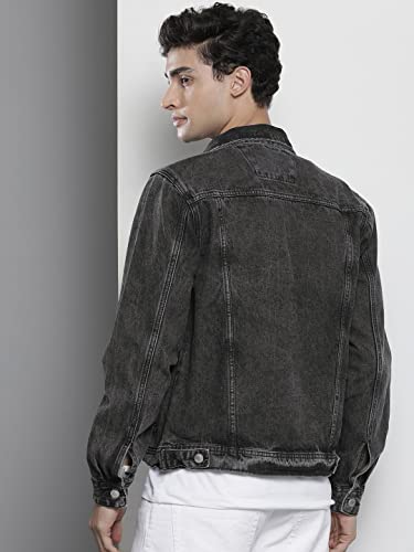 Image of The Indian Garage Co Men Blue Slim Fit Solid Denim Trucker Jacket