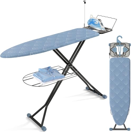 KINGRACK Tabla de planchar, tabla de planchar con bandeja de almacenamiento inferior, tela resistente al calor y a las quemaduras, soporte para cables, tablas de planchar con soporte de hierro, 7