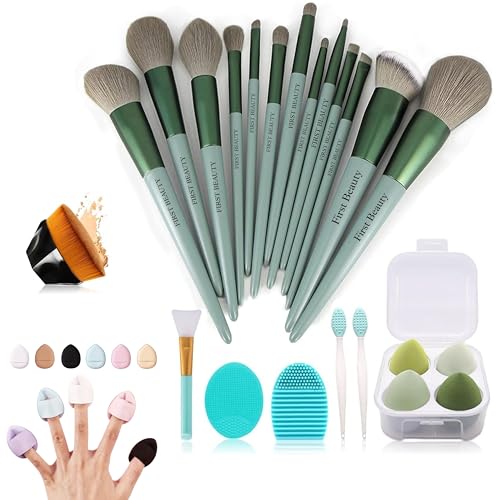 13 Pcs Green Beauty Makeup Brush Set with Blender Sponges Box & Cleaning Tools + Blush Brush & 6 Pcs powder puff | Professional Soft Synthetic Brushes for Face & Eye Makeup | Complete Makeup Tool Kit for Women