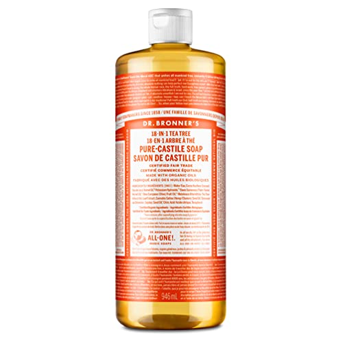 - Jabón mágico puro de Castilla del Dr. Bronner, 18 usos en 1, árbol del té de cáñamo, botella de 946 ml.