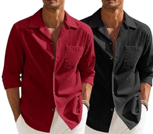 Image of Combo of Men's Casual Cotton Blend Shirt || Long Sleeve Button Down with Spread Collar | Lightweight Breathable Fabric | Stylish Solid Shirt for Beach, Office & Everyday Wear Pack of 2