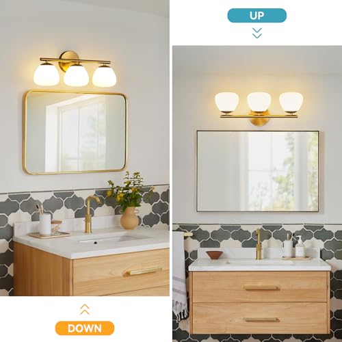 Image of Modern 3 Light Bathroom Vanity Light Gold Vanity Light Bathroom Light Fixtures Over Mirror with Milk Glass Shade Bathroom Vanity Lighting Fixtures