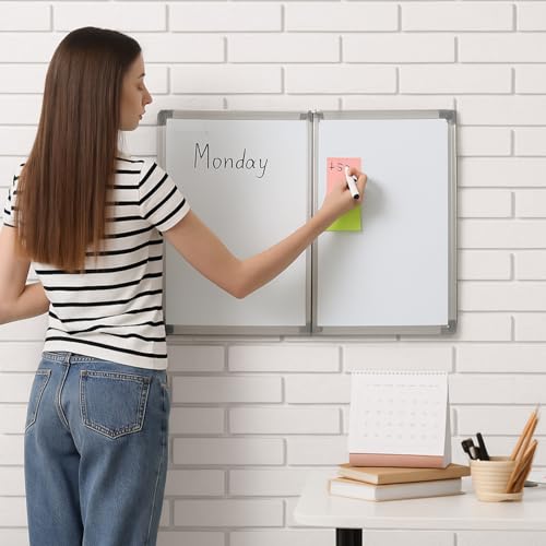 Image of AmazingSpark 48 inch x 18 inch Foldable Whiteboard Dry Erase Board Large Tri Folding Whiteboard Magnetic Dry Erase Board, Wall Aluminium Frame and Flip Out Pen Tray for Office, Home