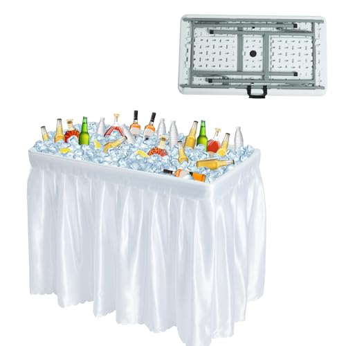 Winlice Outdoor Ice Cooler Folding Table Portable Cooler Table with Removable Matching Skirt Chill Table for Party BBQ Camping Wedding White