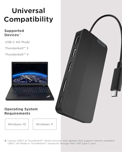 Image of Lenovo USB-C Dual Display Travel Dock - 7 Ports, Integrated USB-C Cable, Universal Compatibility, Dual Displays at 4K - Black