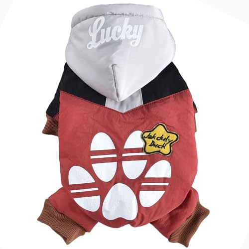 JPETTO犬服 つなぎ ダウンコート 雪遊び ドッグウェア パーカー 冬服 ペット 猫服 ダウンジャケット 裏起毛 犬の服 ジャケット 猫服 ダウンベスト 暖かい 防寒着 子犬 トイプードル チワワ服 お散歩25-H24069WレッドS