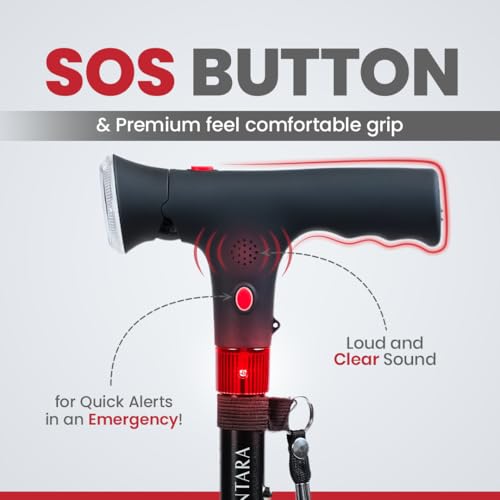 Image of Antara AGEasy Walking Stick with SOS Alarm Button for Men & Women | Walking Cane for Old People | Walk Stick with Adjustable Height | Support Stick (Foldable Walking Stick with SOS Alarm)