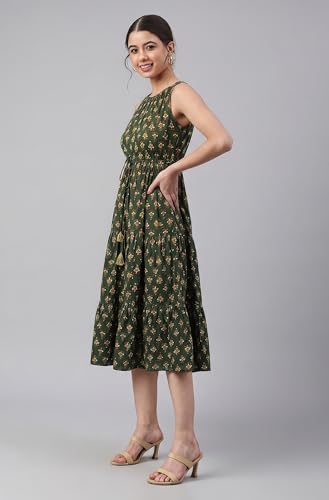 Image of Janasya Women's Blue Pure Cotton Floral Printed Tiered Dress